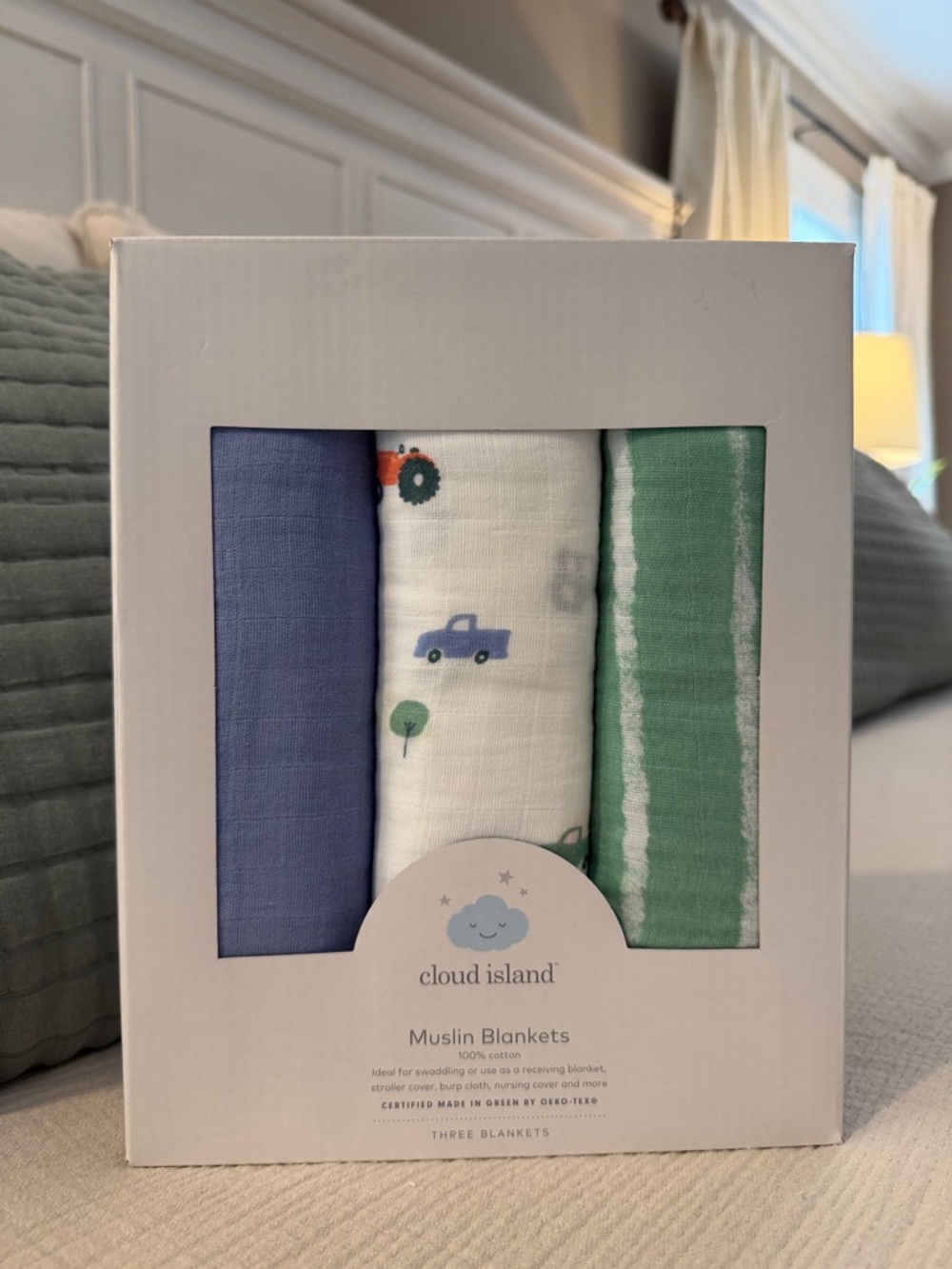 Cloud Island - Pack of 3 Muslin Blankets - Blue, White, Green - New in Box!